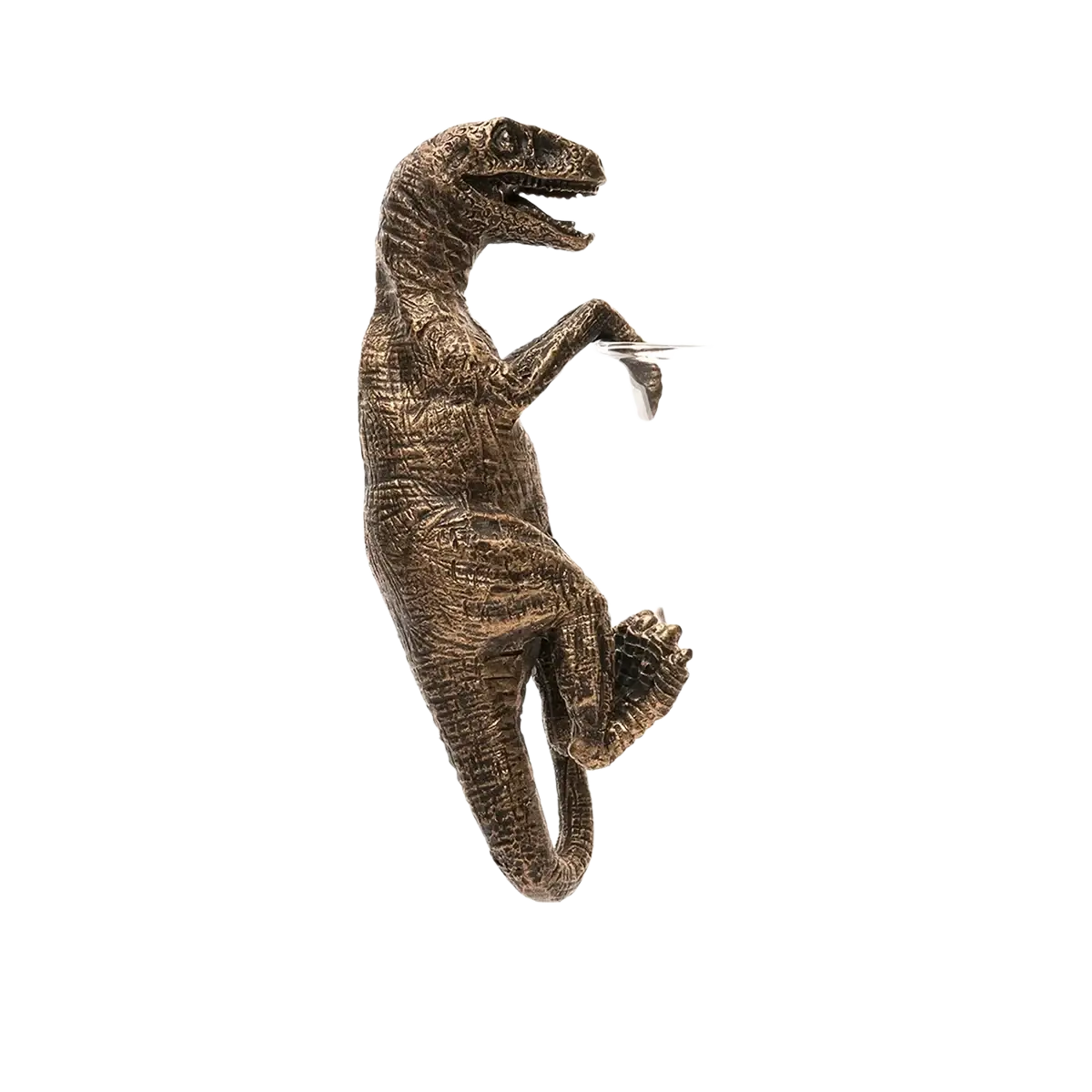 Bronze resin climbing dinosaur flower pot ornament with intricately textured scales and open jaws detailed design