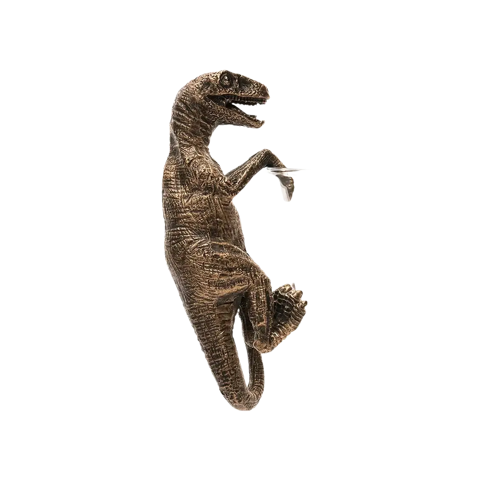 Bronze resin raptor figurine with textured skin and open jaws climbing a dinosaur flower pot ornament