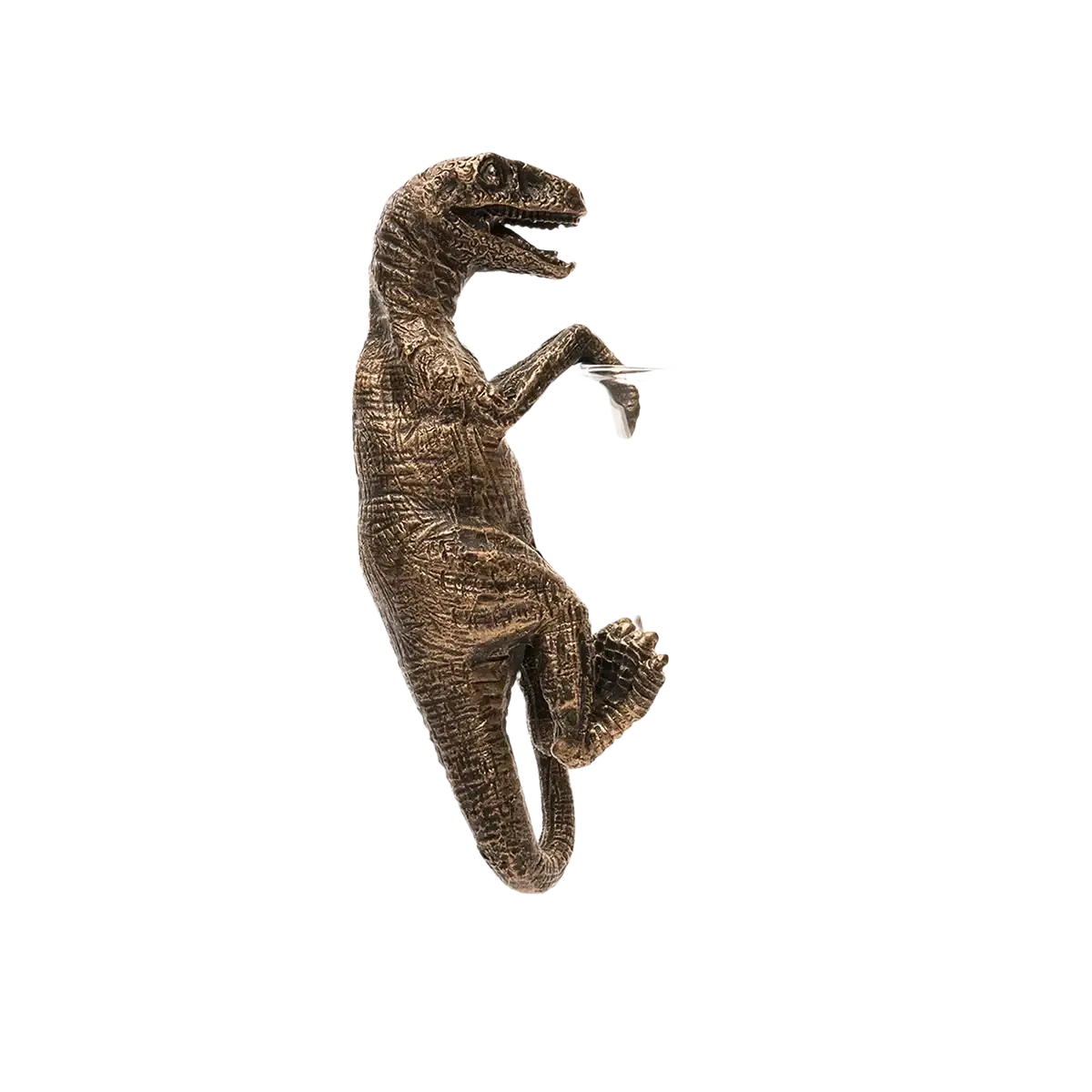 Bronze resin raptor figurine with textured skin and open jaws climbing a dinosaur flower pot ornament