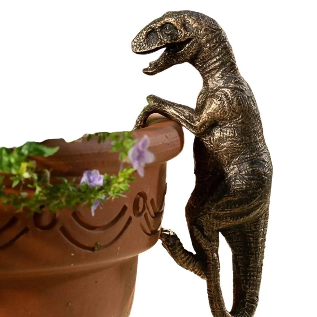 Bronze resin climbing dinosaur flower pot ornament featuring textured scales and an open mouth for garden decor