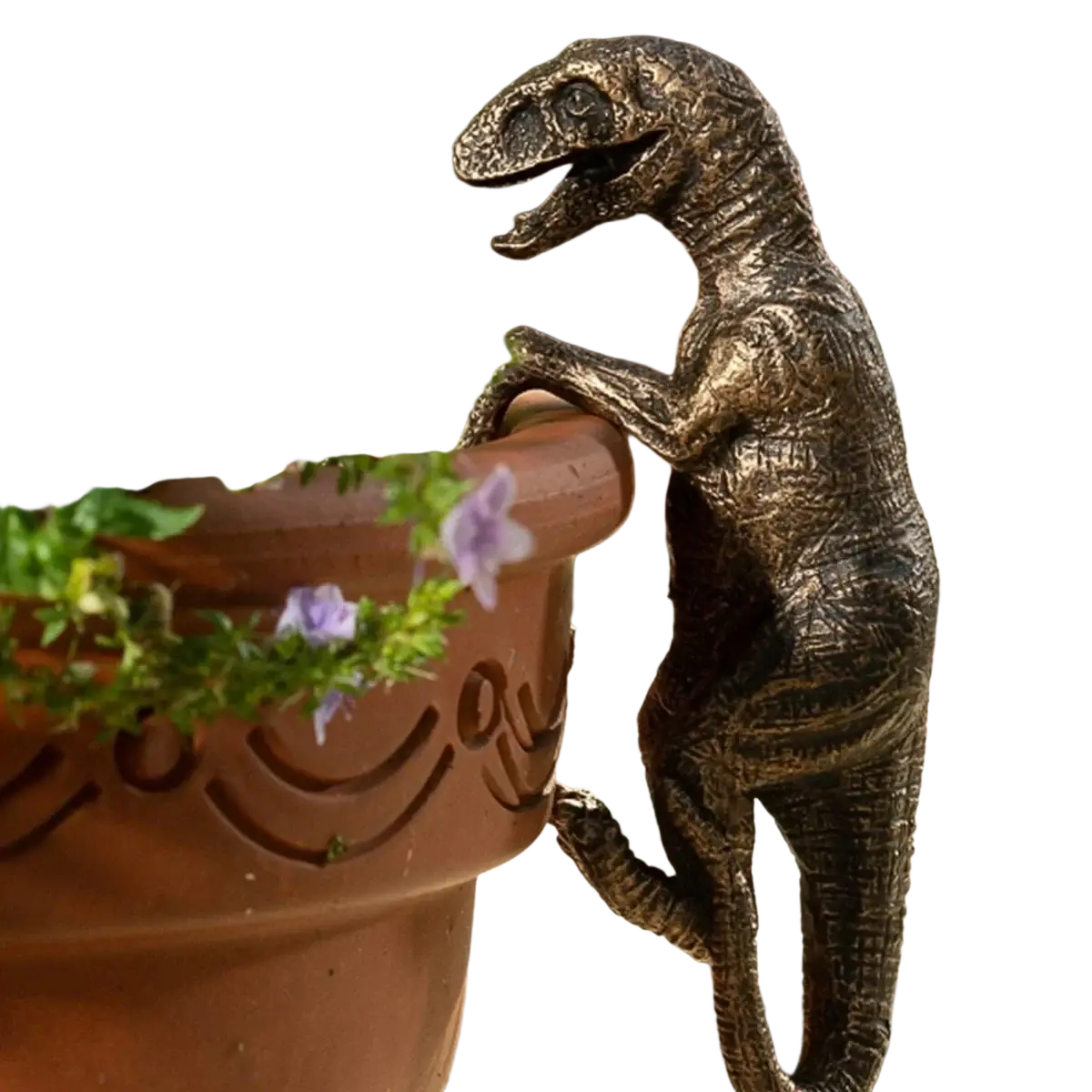 Bronze resin climbing dinosaur flower pot ornament featuring textured scales and an open mouth for garden decor