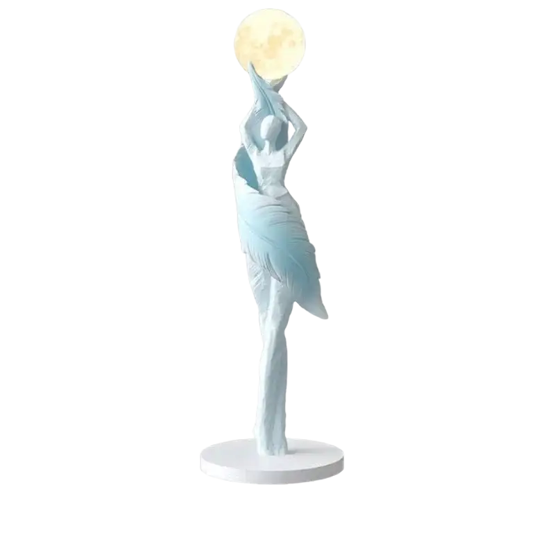 Resin dancer figurine 12x12x40cm in light blue and white fabric holding a glowing orb for modern display effects