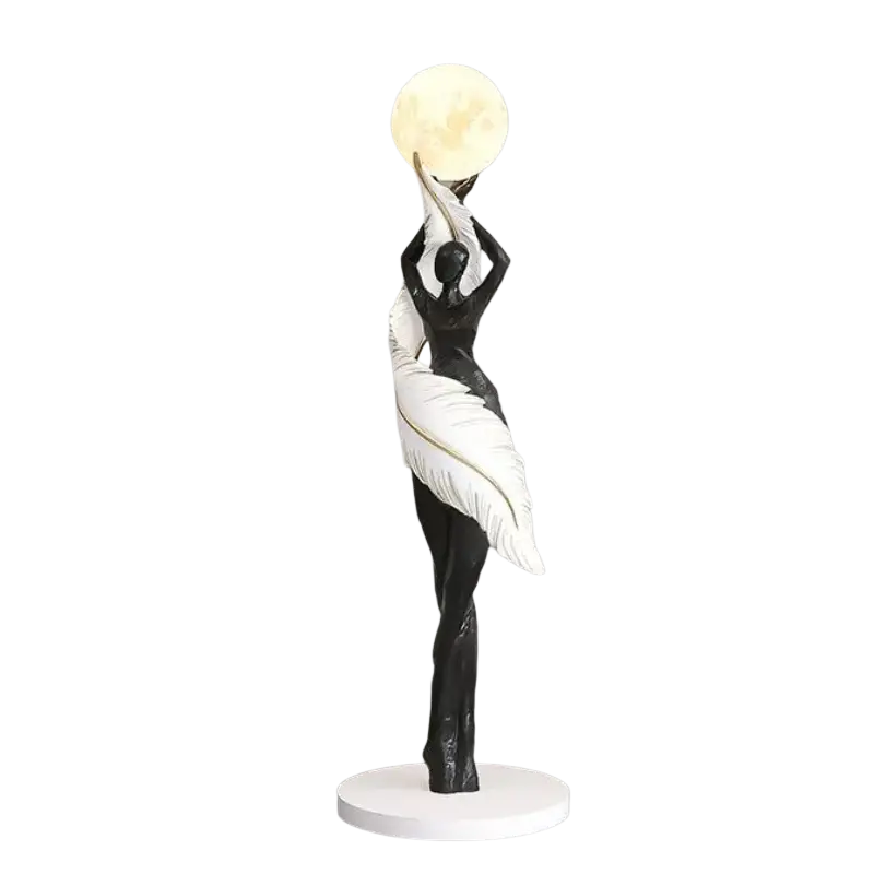 Resin dancer figurine 12x12x40cm black and white with gold trimmed feathered wings holding a glowing moon for display effects