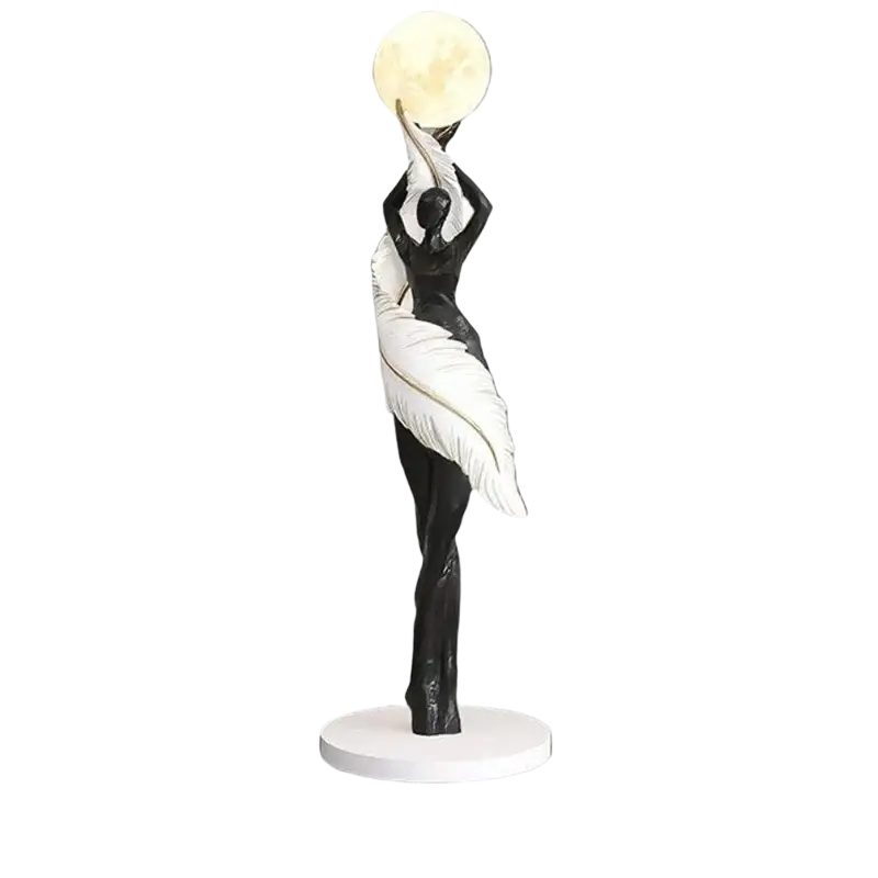 Black and white resin dancer figurine 12x12x40cm holding moon on circular base for modern home display effects