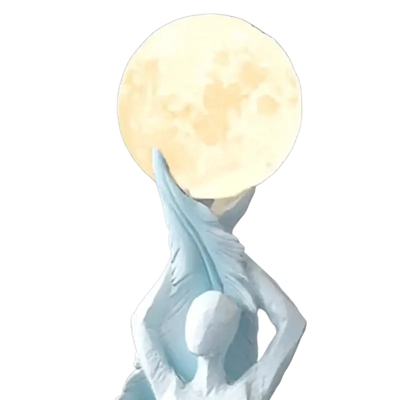 Resin dancer figurine 12x12x40cm light blue angel holding glowing textured moon for modern home decor display effects