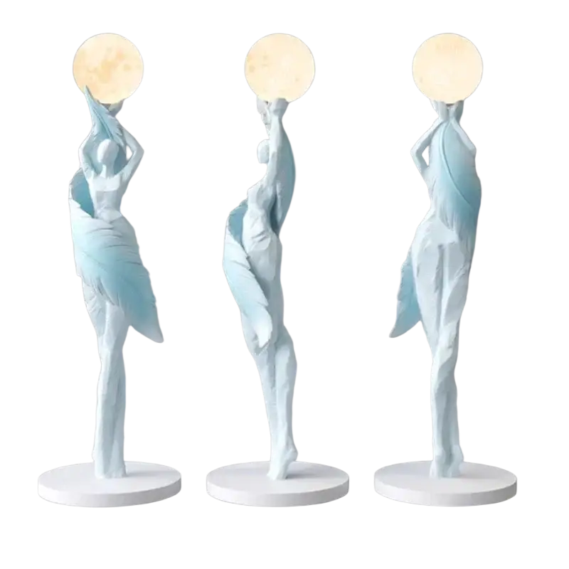Resin dancer figurine 12x12x40cm with flowing blue and white attire holding glowing orb showcasing elegant display effects