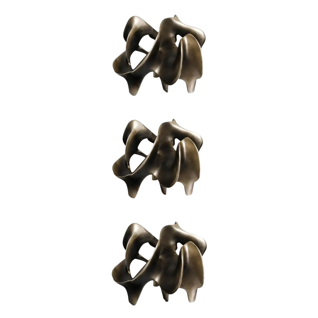 Abstract bronze-colored resin decorative item featuring flowing intertwined organic metal forms in a geometric sculpture