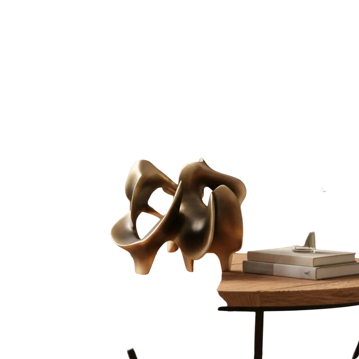 Abstract geometric gold sculpture resin decorative item with flowing bronze forms on wooden table for home decor