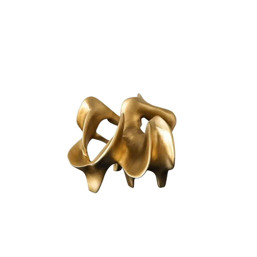 Resin decorative item featuring a golden abstract geometric sculpture with flowing intertwined forms and polished finish