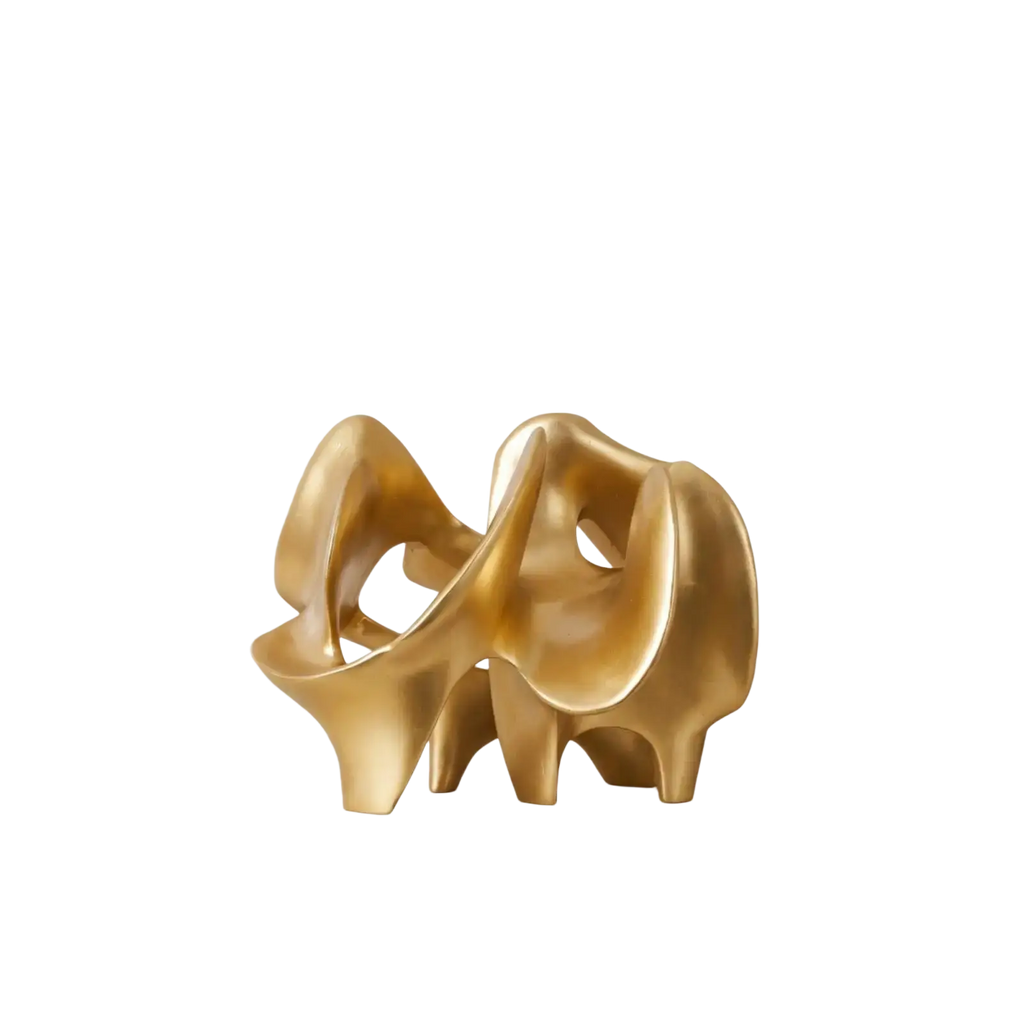 Resin decorative item featuring a golden abstract sculpture with smooth flowing curves and a polished metallic finish