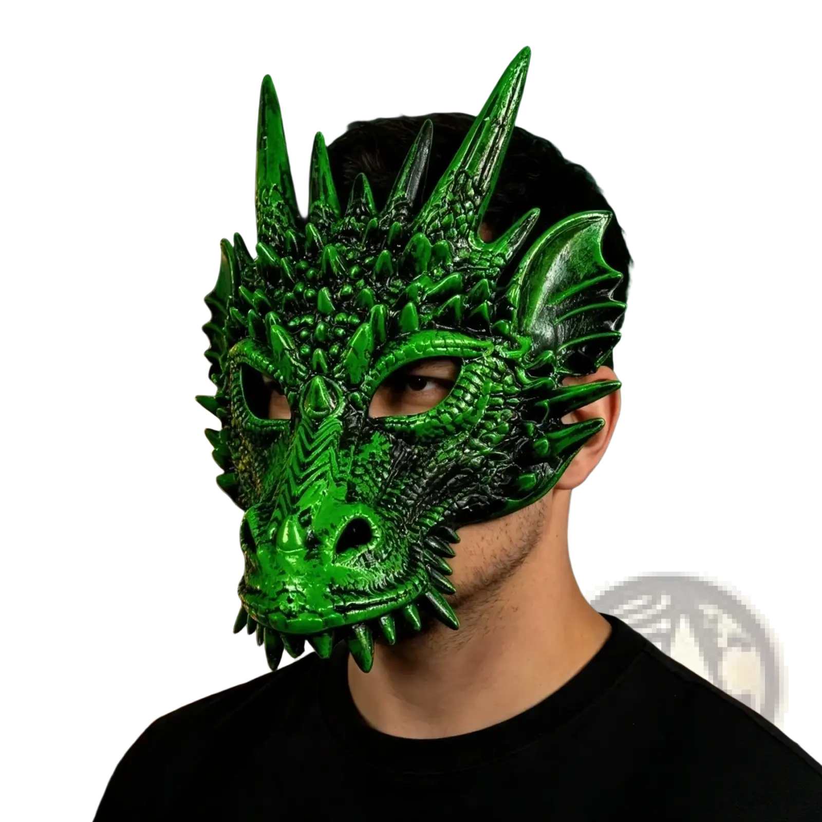 Resin dragon mask for adults featuring glossy green textured scales and sharp spikes for costume party use
