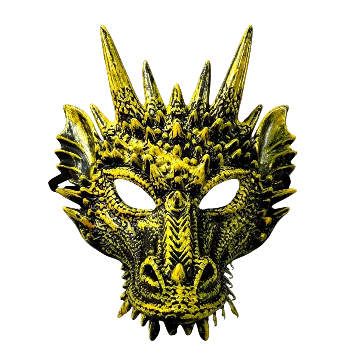 Resin dragon mask adult costume party prop in glossy yellow with black accents and detailed intricate scales