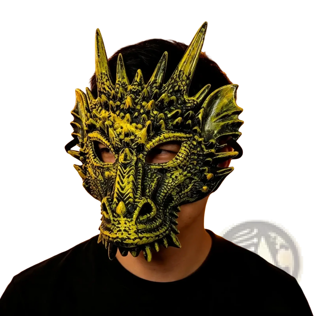 Resin dragon mask adult costume party prop in green and black with spiky horns and textured scales