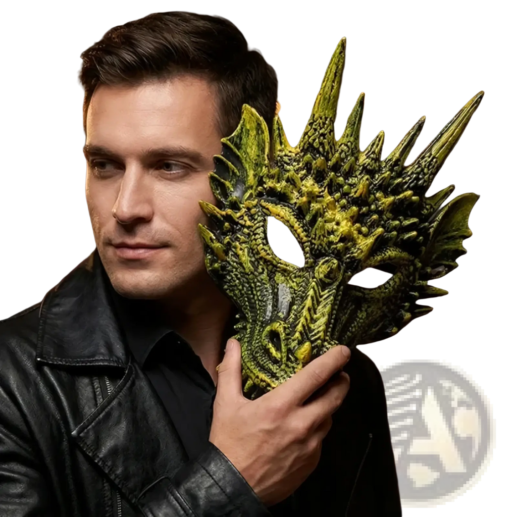 Resin dragon mask adult costume party prop with detailed green and yellow spiky scales and intricate textures