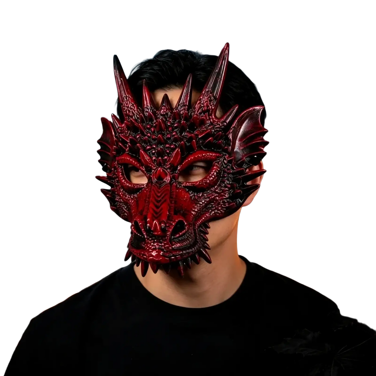 Glossy red resin dragon mask with intricate scales and sharp spikes for adult costume party prop use