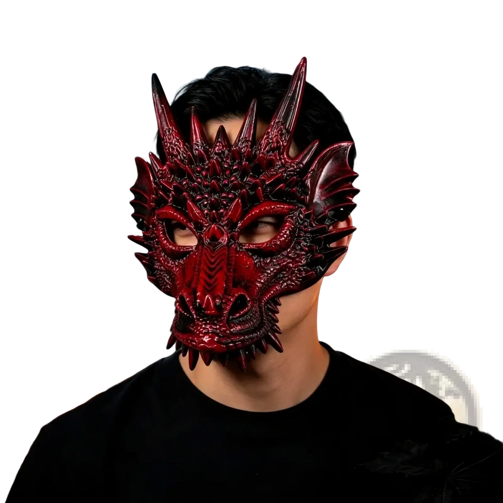 Glossy red resin dragon mask with intricate scales and sharp spikes for adult costume party prop use