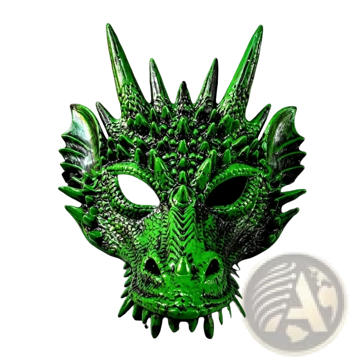 Resin dragon mask adult costume party prop featuring vibrant green molded plastic with detailed scales and spikes