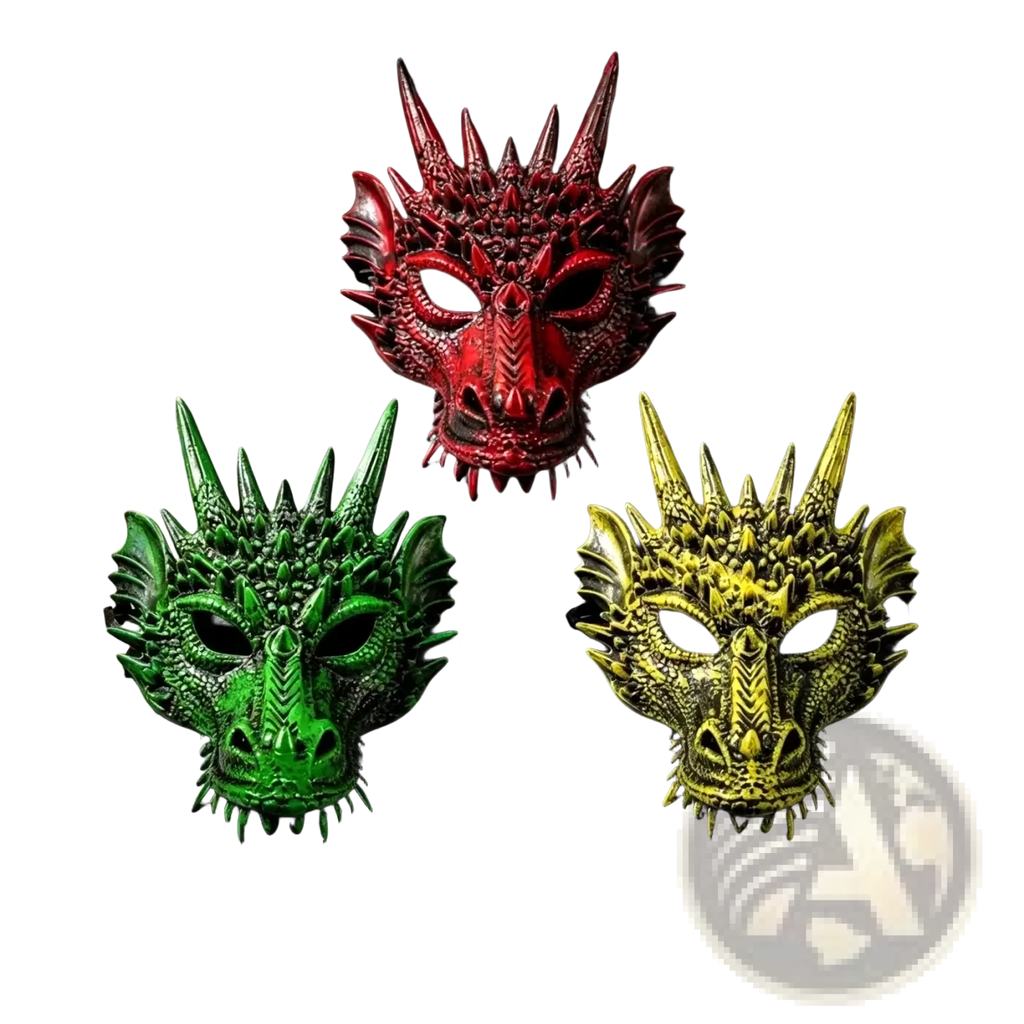 Resin dragon mask adult costume party prop featuring three detailed vibrant red green and yellow masks with textured scales and spikes