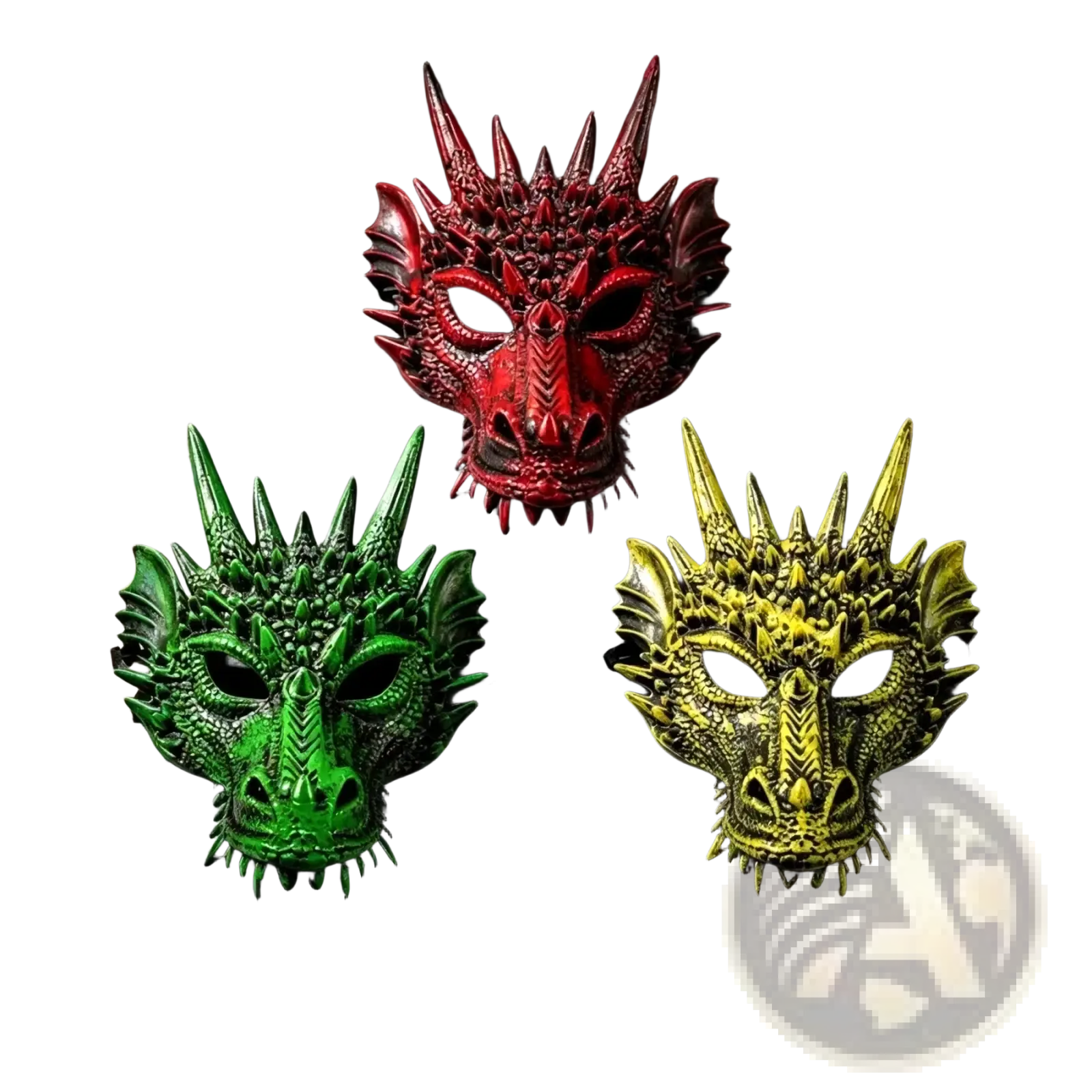 Resin dragon mask adult costume party prop featuring three detailed vibrant red green and yellow masks with textured scales and spikes