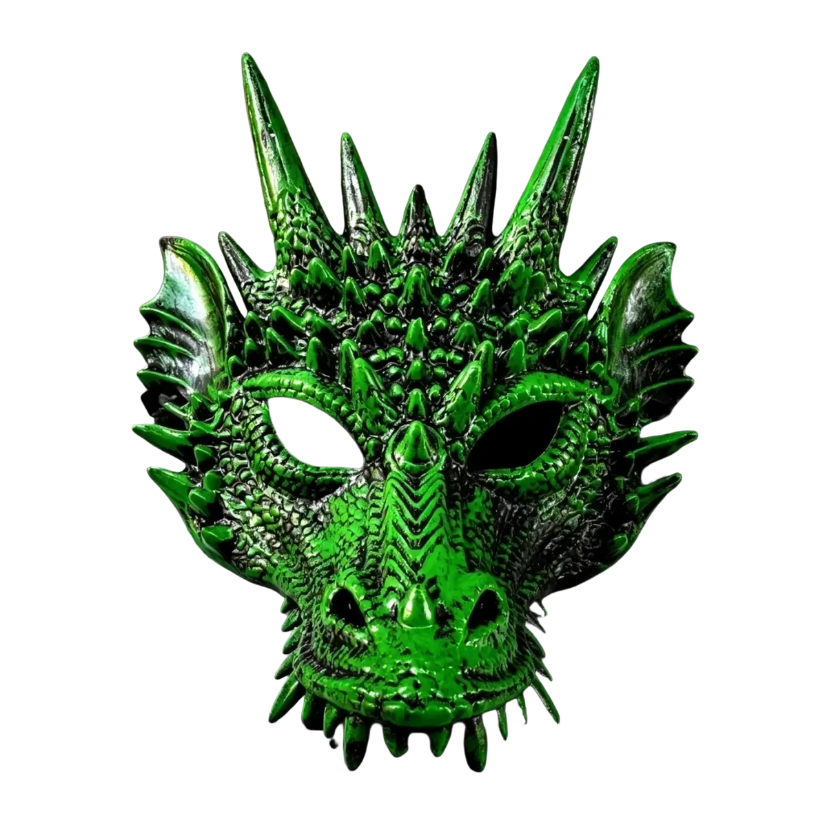 Resin dragon mask adult costume party prop featuring vibrant green molded plastic with detailed scales and spikes