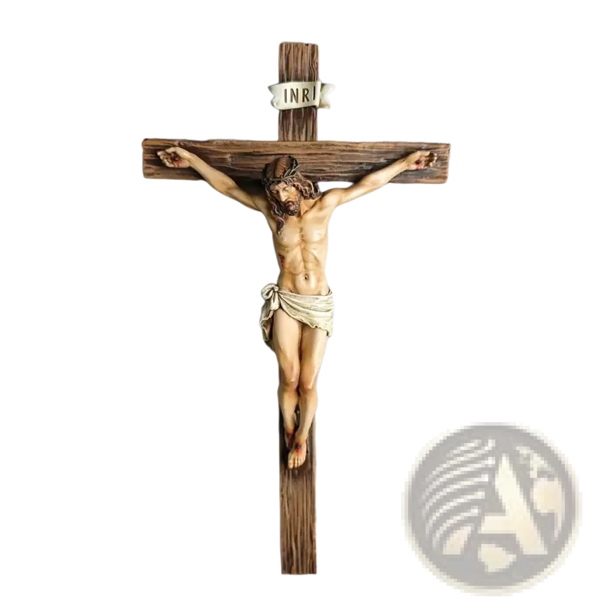 Wooden resin easter cross figurine with detailed jesus sculpture in beige wearing white cloth and inri banner for home decor