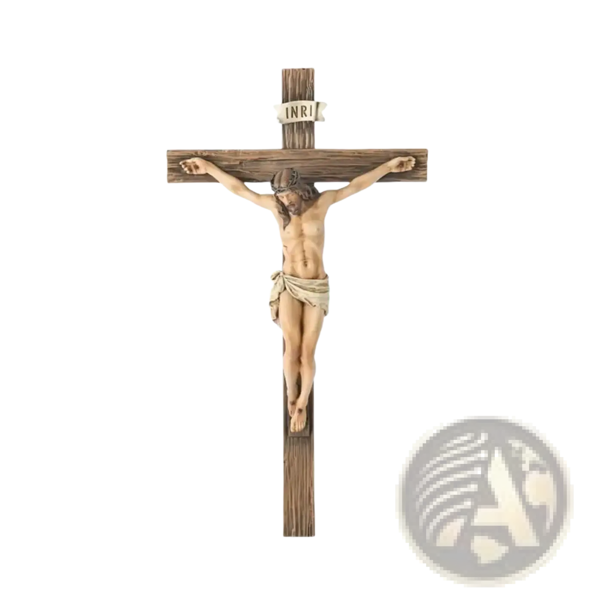 Resin Easter cross figurine featuring a detailed jesus on a weathered brown wooden cross with off-white cloth