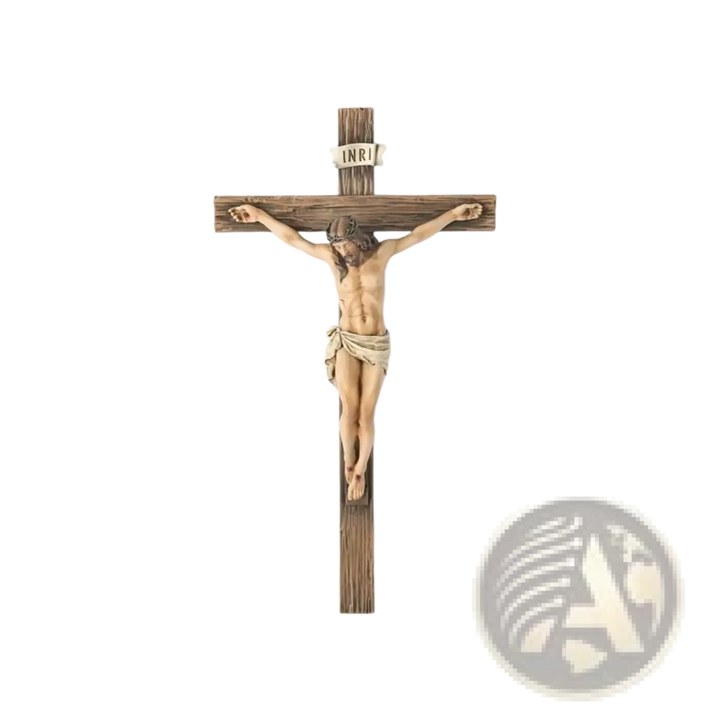 Wooden resin easter cross figurine with detailed jesus christ figure in realistic skin tones and inri inscription
