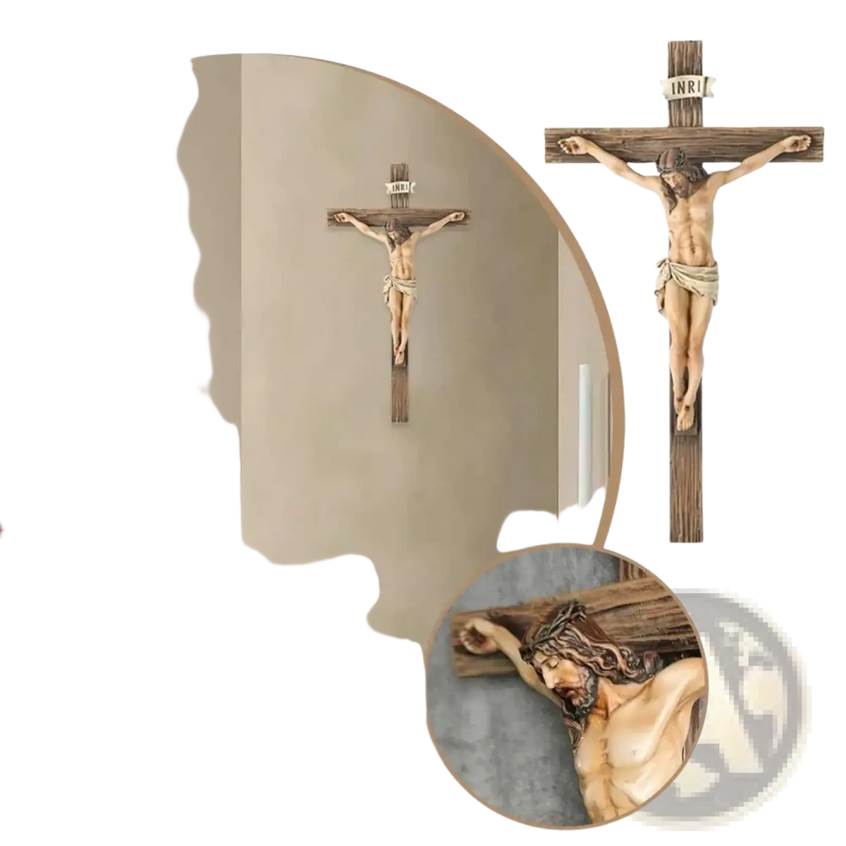 Resin Easter cross figurine featuring a dark brown wooden crucifix with detailed Jesus and beige fabric sash for home decor