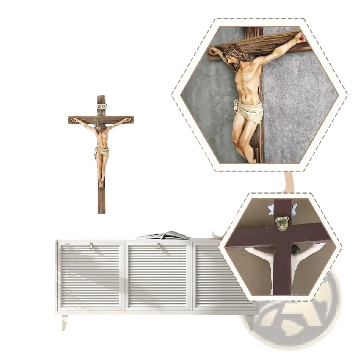 Resin Easter cross figurine featuring a wooden crucifix with a detailed jesus figure in natural tones on a dark brown cross