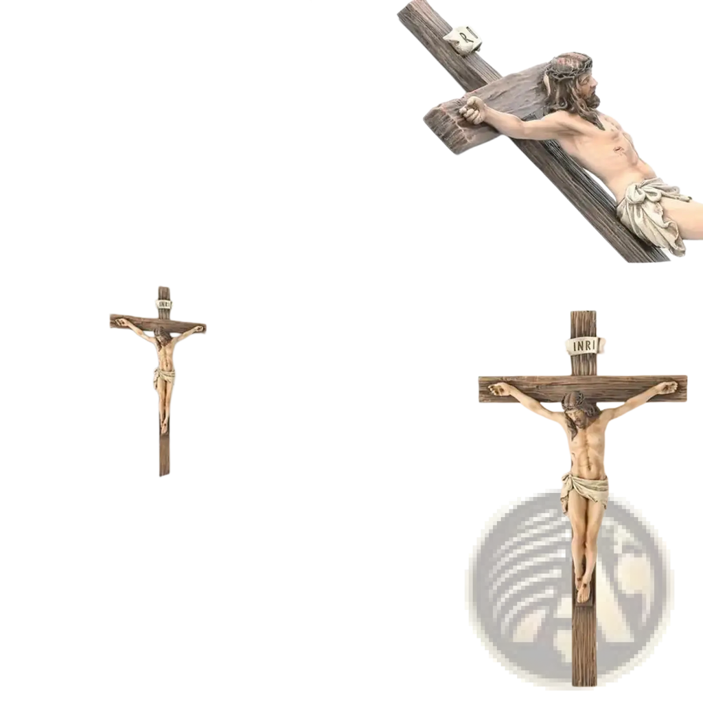 Resin easter cross figurine with detailed wooden crucifix and rustic weathered finish for religious home decor