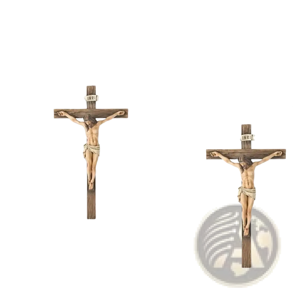 Wooden cross ornament with resin figure of jesus featuring natural brown finish and detailed carving for easter decor