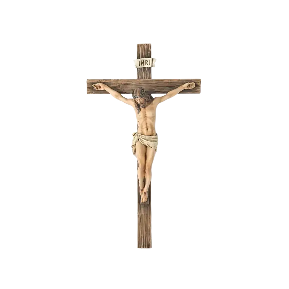Wooden resin easter cross figurine with detailed jesus christ figure in realistic skin tones and inri inscription