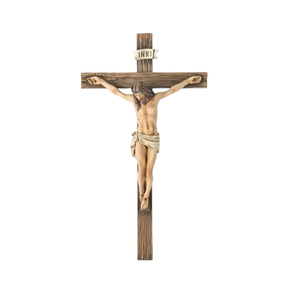 Resin Easter cross figurine featuring a detailed jesus on a weathered brown wooden cross with off-white cloth