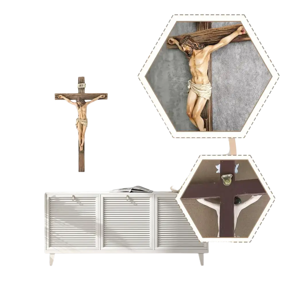 Resin Easter cross figurine featuring a wooden crucifix with a detailed jesus figure in natural tones on a dark brown cross