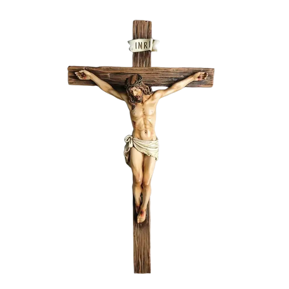 Wooden crucifix resin easter cross figurine with detailed jesus and inri banner for religious home decor