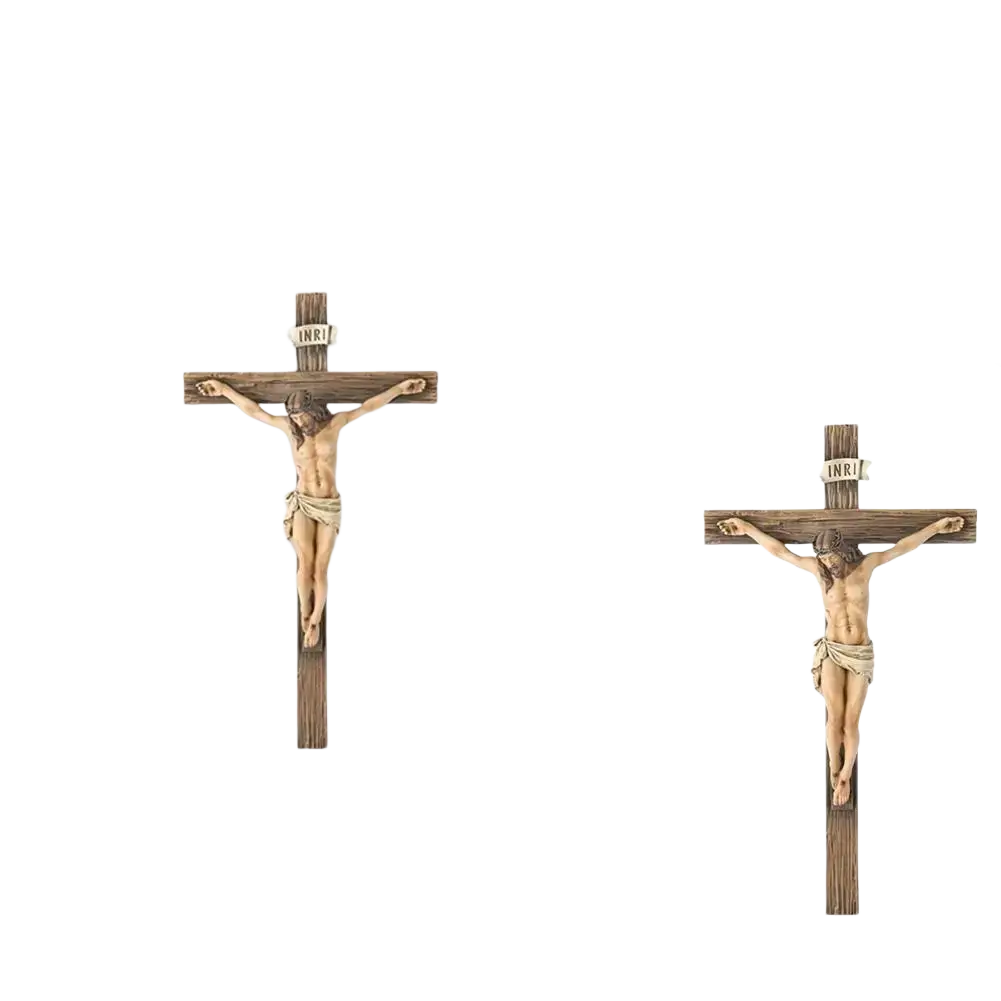 Wooden cross ornament with resin figure of jesus featuring natural brown finish and detailed carving for easter decor