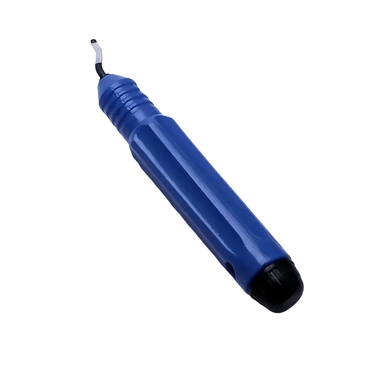 Blue plastic-handled resin epoxy trimming tool with black tip and metallic blade for manual jewelry cutting