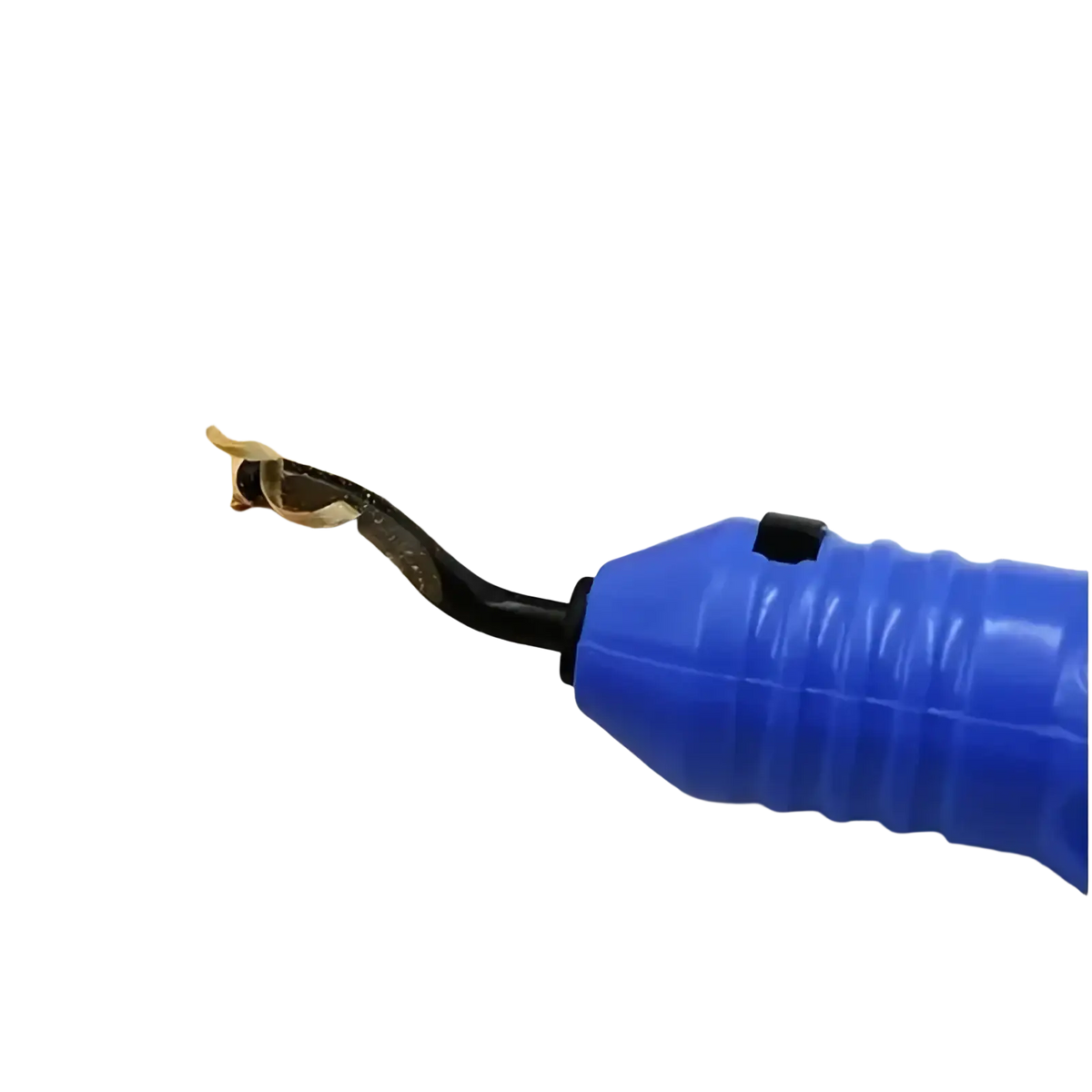 Blue plastic-handled resin epoxy trimming tool with black metal blade for precise manual jewelry cutting and shaping