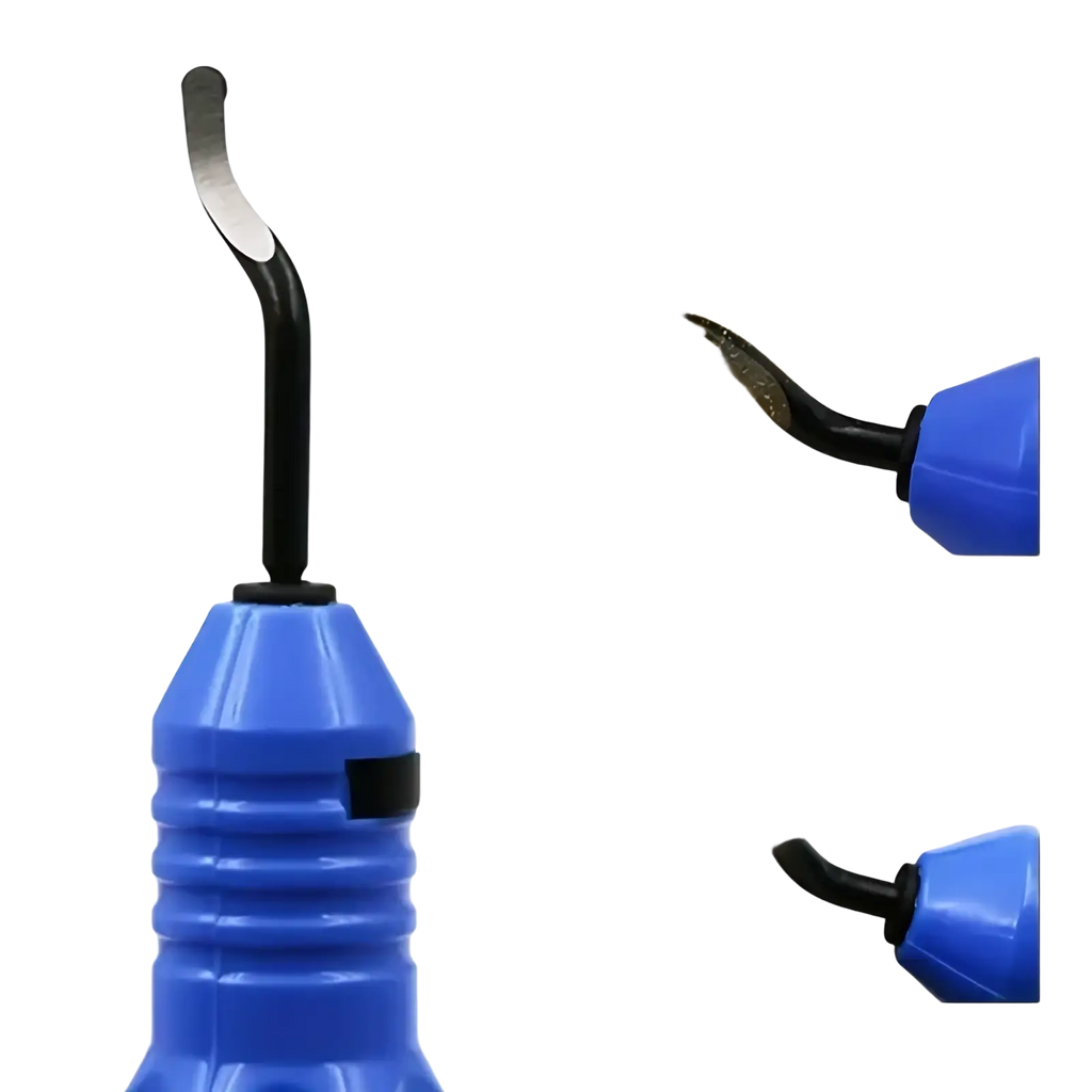 Blue plastic-handled resin epoxy trimming tool with black curved metal tip for manual jewelry carving and cutting