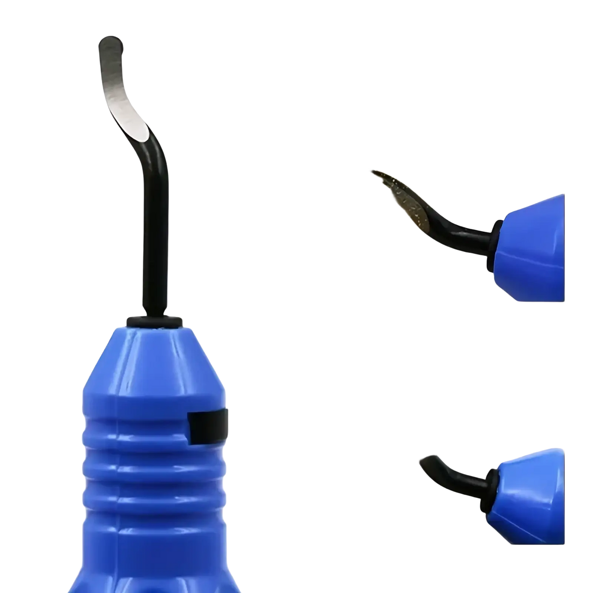 Blue plastic-handled resin epoxy trimming tool with black curved metal tip for manual jewelry carving and cutting