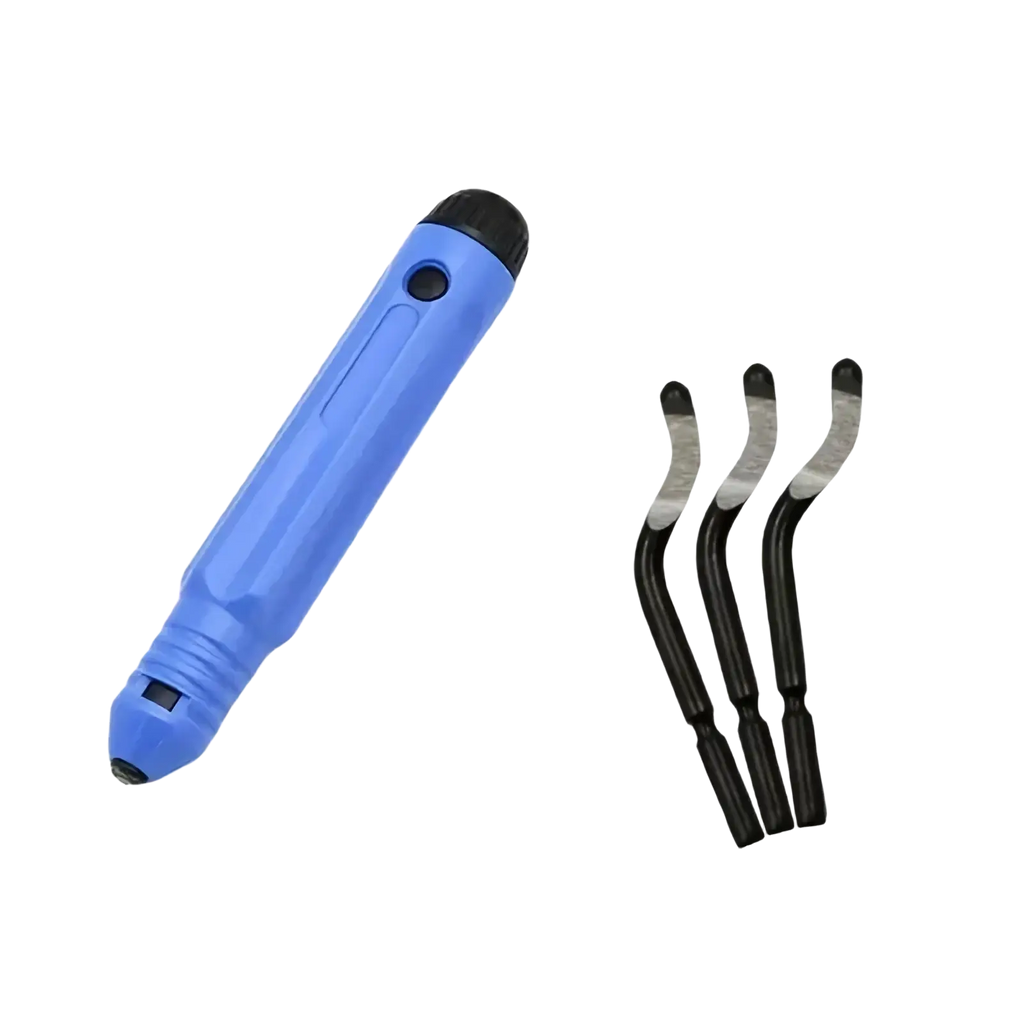 Blue plastic-handled resin epoxy trimming tool manual jewelry cutter with black tip and four interchangeable metal tips