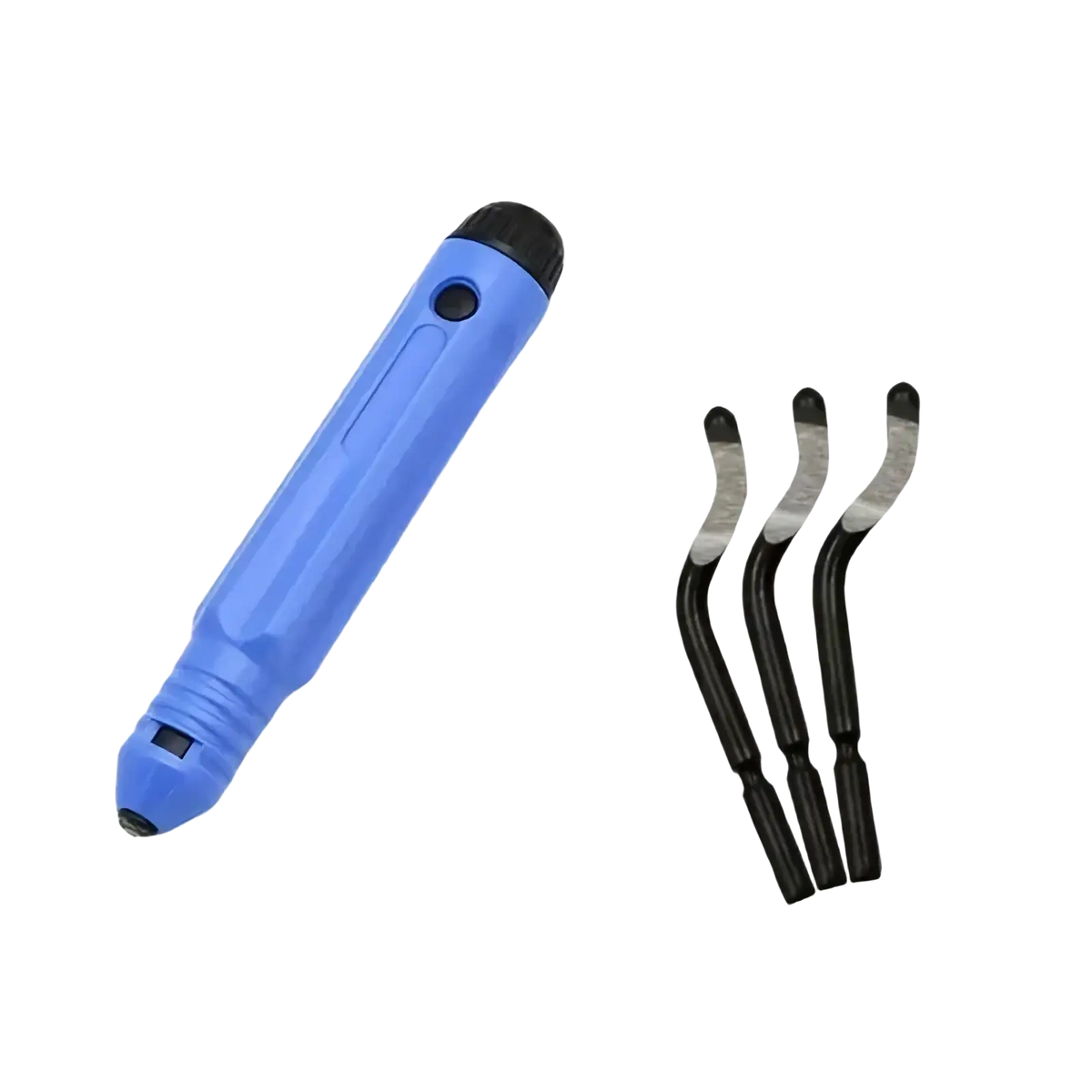 Blue plastic-handled resin epoxy trimming tool manual jewelry cutter with black tip and four interchangeable metal tips