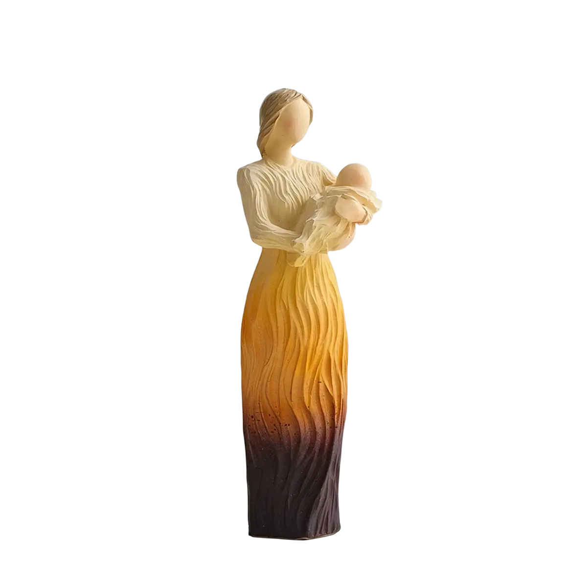 Resin family figurine featuring creamy and dark gradient with flowing wavy dress of mother holding baby home decor
