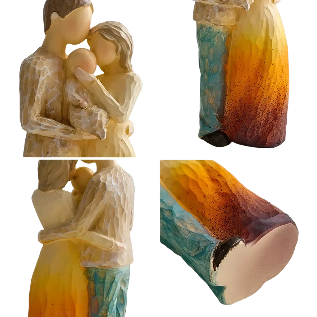 Hand-carved wooden family figurine with textured natural finish and teal to orange gradient for home decor