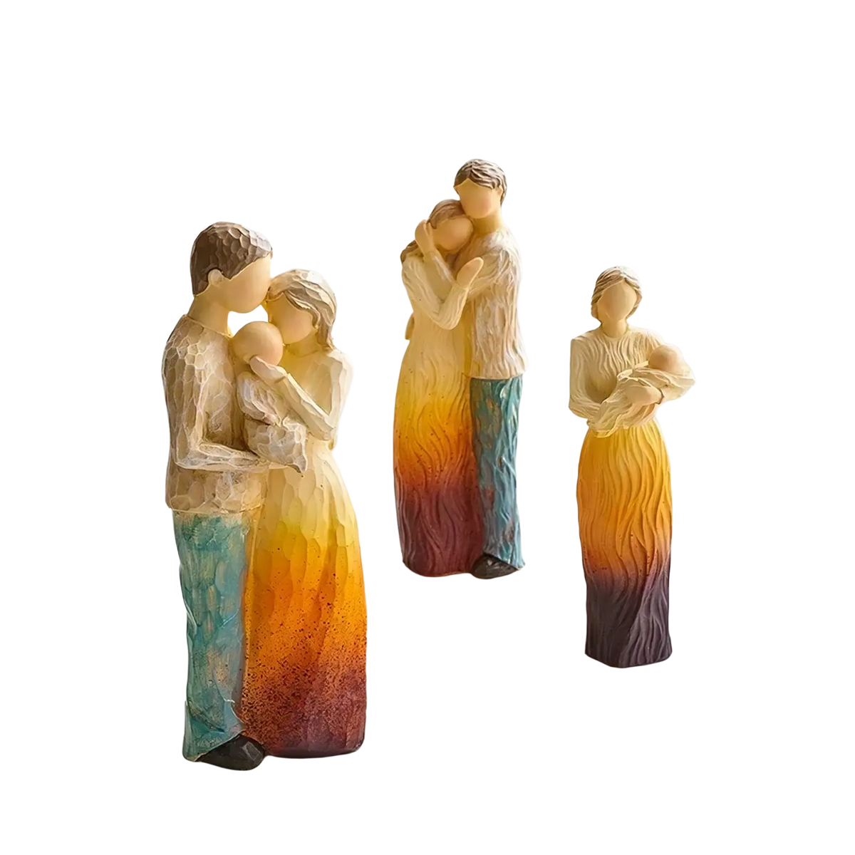 Set of three resin family figurines with gradient textured clothing and smooth faces for abstract art home decor