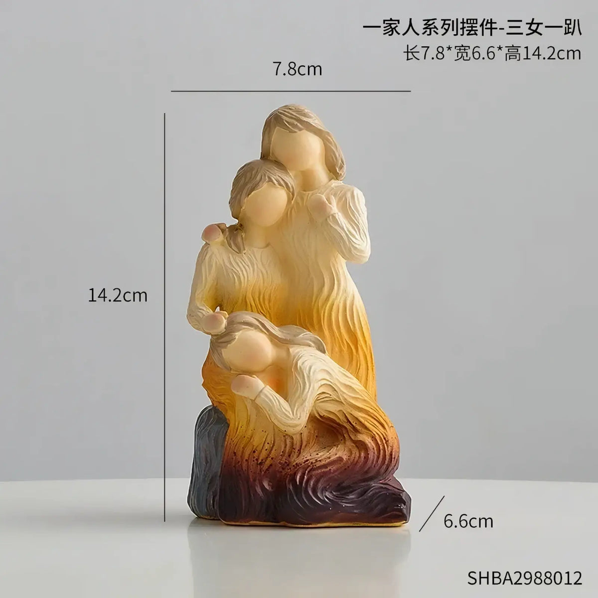 A warm-toned resin family figurine with three women embracing in creamy beige to deep amber and purple gradient colors