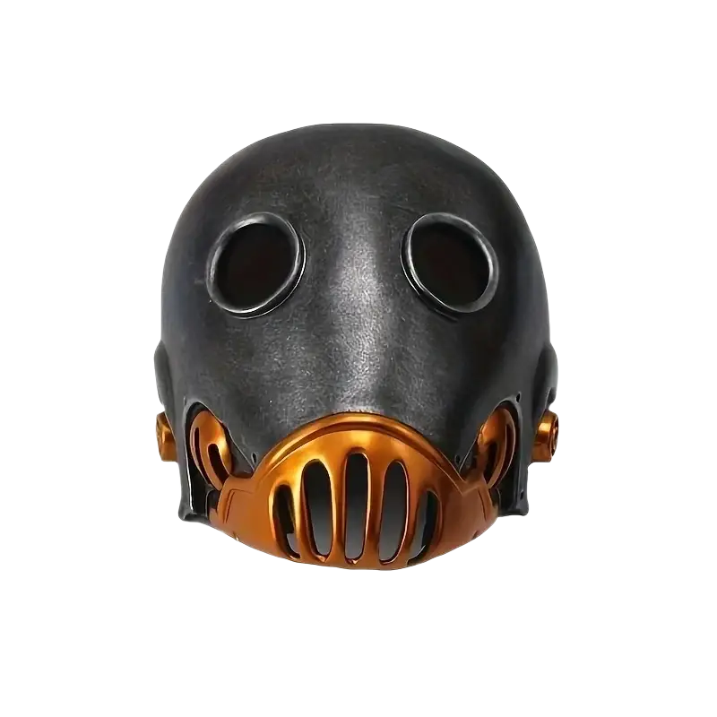 Resin gas mask with matte black and gold finish featuring circular eyes and elastic band design for secure fit