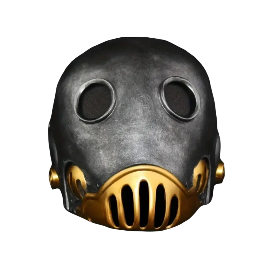 Resin gas mask in matte black and gold with textured surface and metallic mouthpiece featuring elastic band design