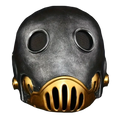 Resin gas mask in matte black and gold with textured surface and elastic band design for secure fit