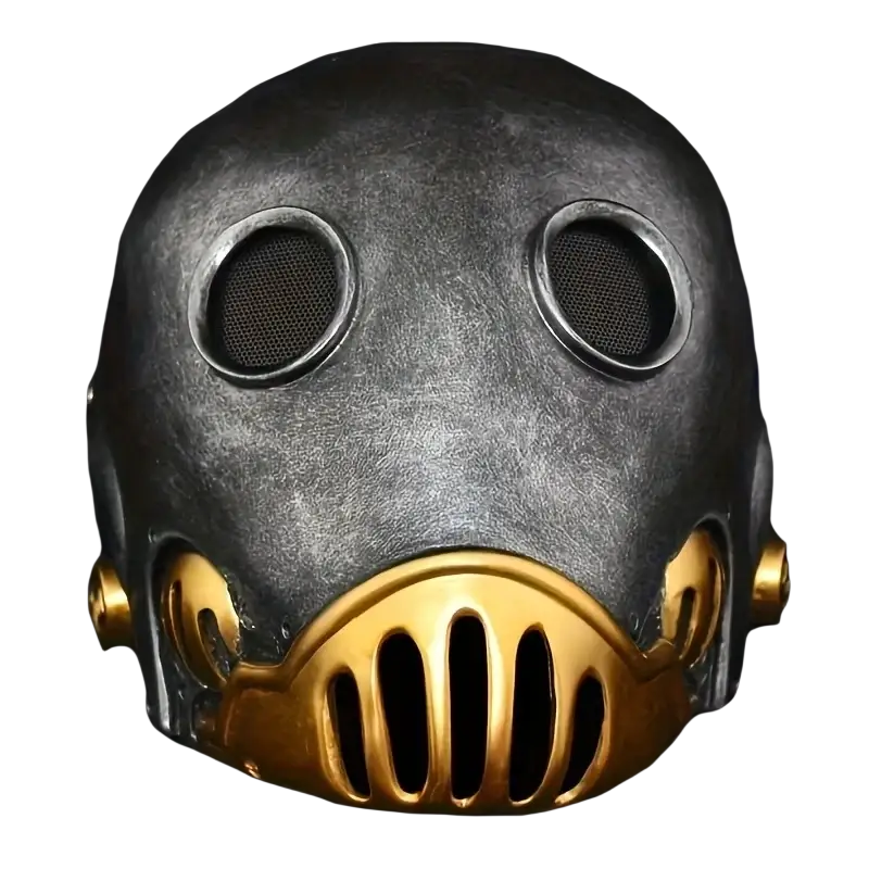 Resin gas mask in matte black and gold with textured surface and elastic band design for secure fit